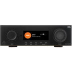 JBL MA7100HP stereo amplifier with sleek black design and control knobs, showcasing high-performance audio equipment.