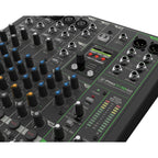 Mackie ProFX10 GO analog mixer with multiple input channels, knobs, and connection ports for audio mixing.