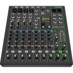 Mackie ProFX10 GO analog mixer with multiple input channels, knobs, and sliders for professional audio mixing.