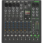 Mackie ProFX10 GO analog mixer with multiple input channels, knobs, and sliders for audio control.