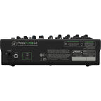 Mackie ProFX10 GO analog mixer with multiple input channels, control knobs, and audio output jacks visible on the device.