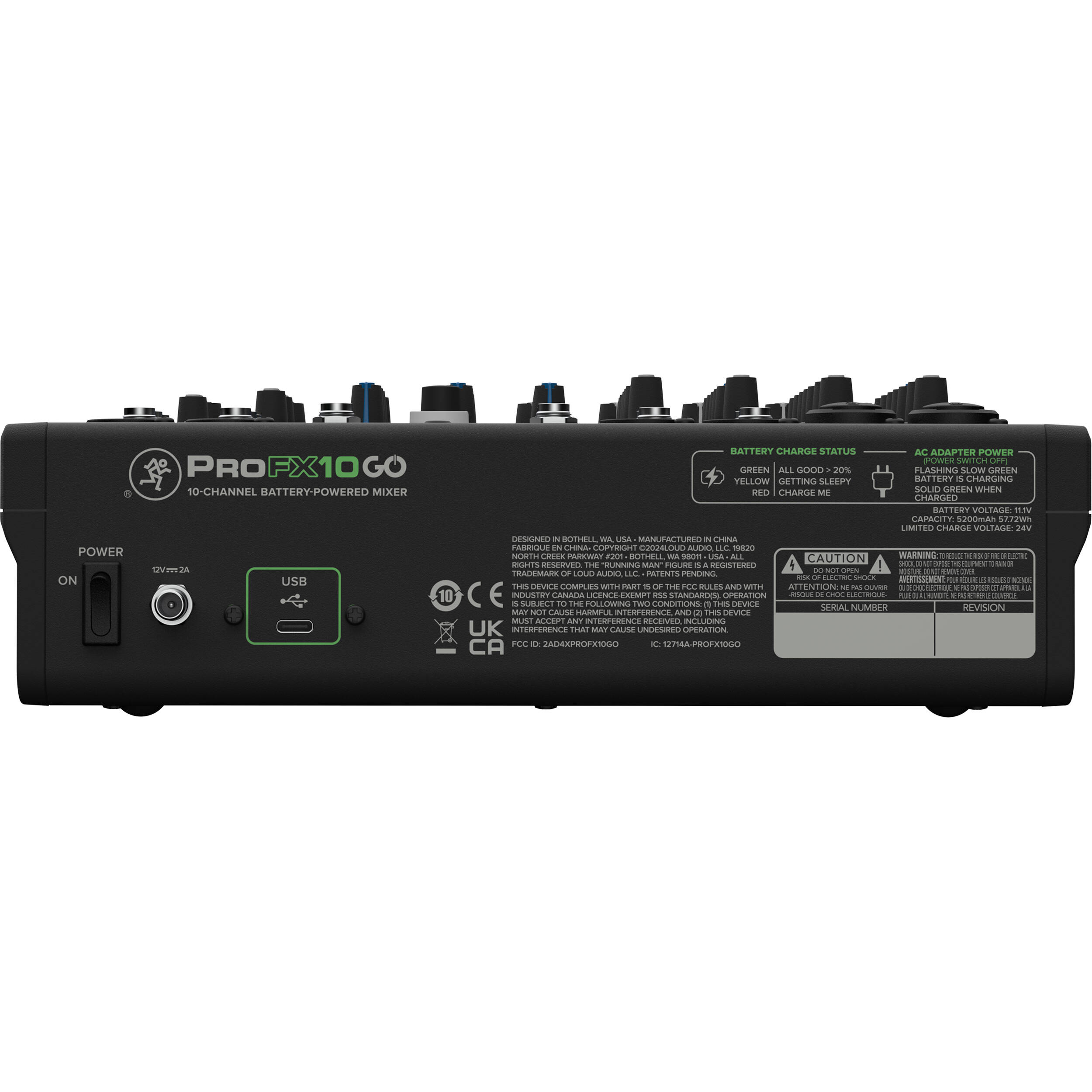 Mackie ProFX10 GO analog mixer with multiple input channels, control knobs, and audio output jacks visible on the device.