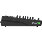 Mackie ProFX10 GO analog mixer with multiple input channels, knobs, and sliders for audio mixing and sound control.