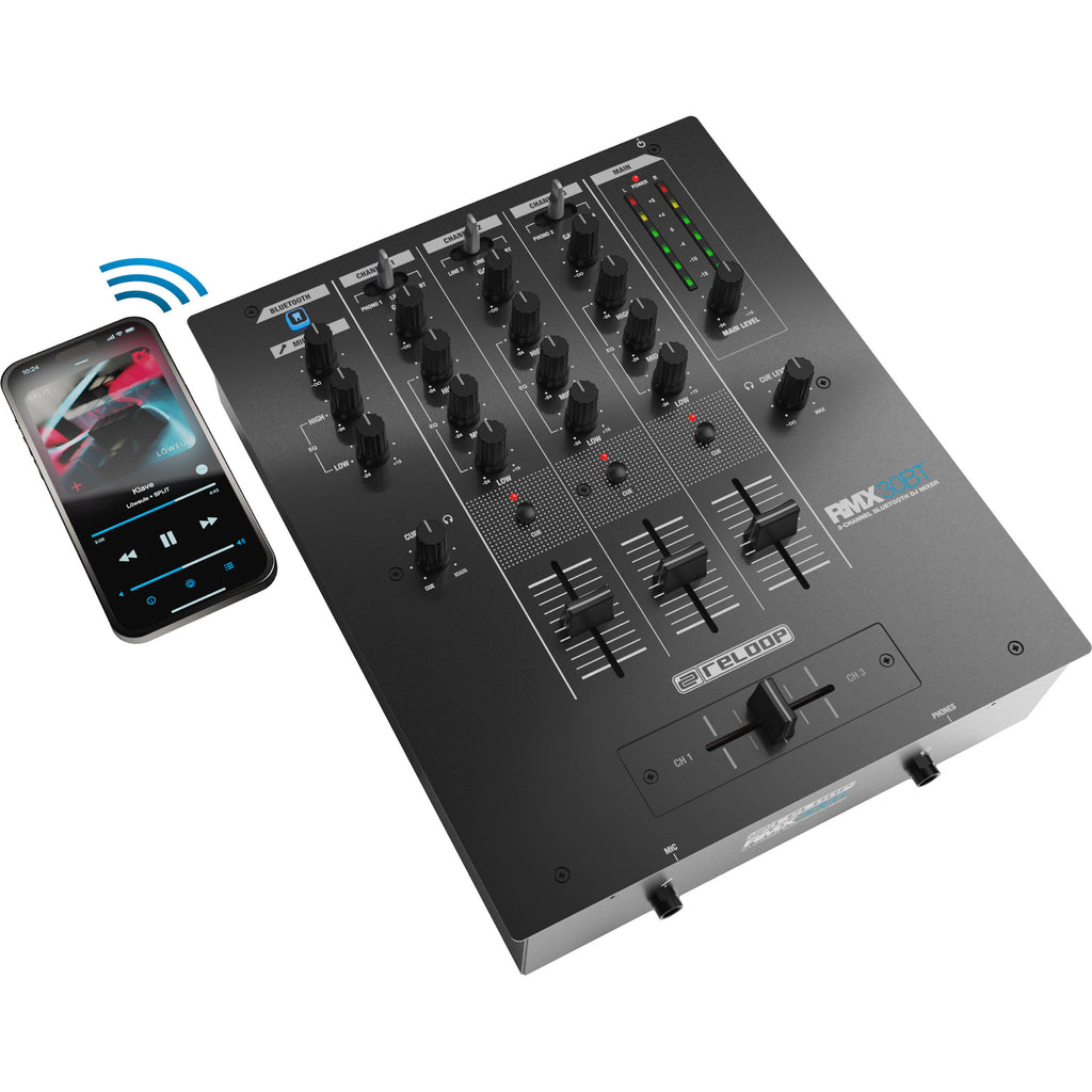 Reloop RMX-30 BT DJ mixer with multiple knobs and faders, professional audio equipment for mixing and DJ performances