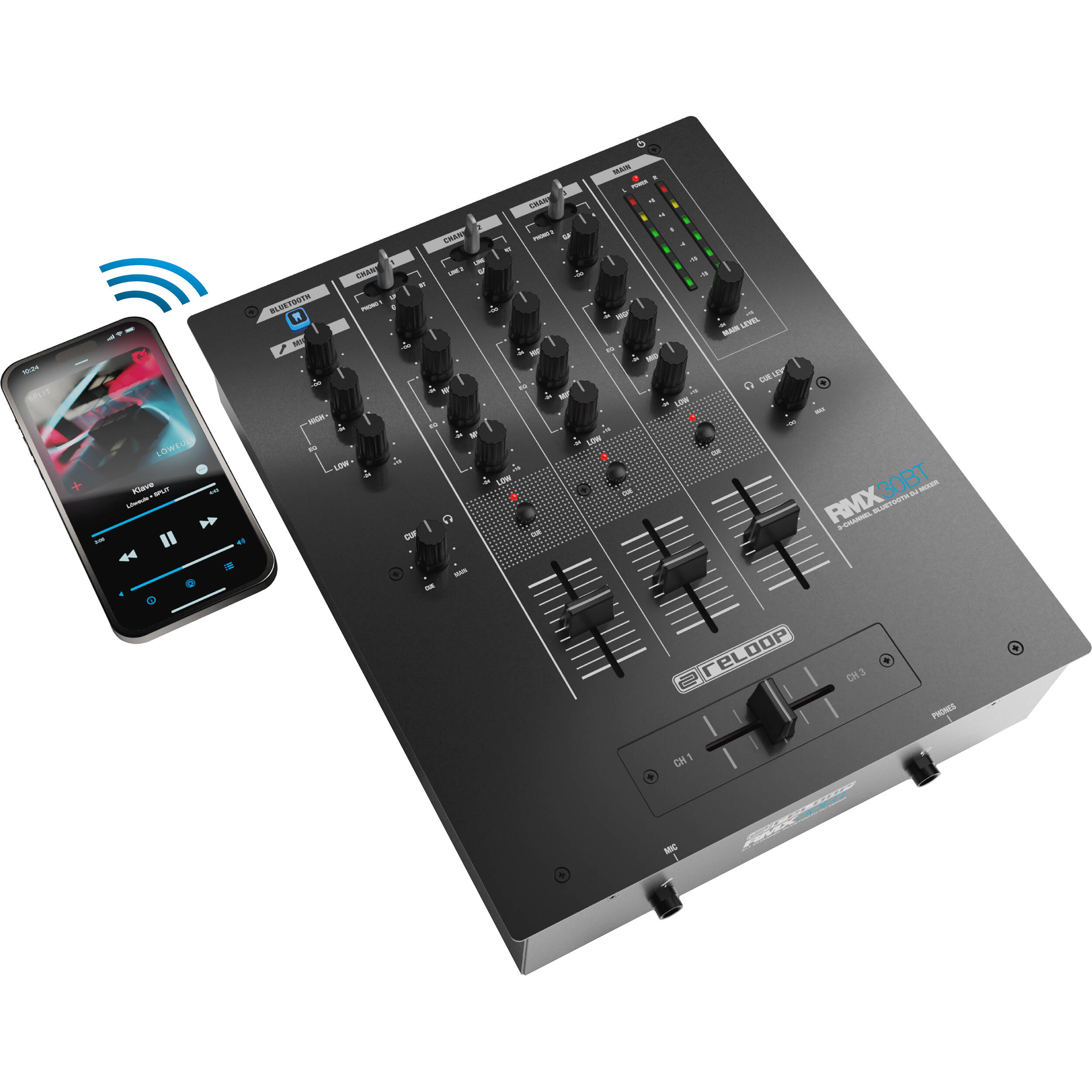 Reloop RMX-30 BT DJ mixer with multiple knobs and faders, professional audio equipment for mixing and DJ performances