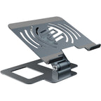 Reloop Stand Hub Pro laptop stand with adjustable arms and ventilation for ergonomic workspace setup.