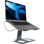 Reloop Stand Hub Pro laptop stand with adjustable arms and ventilation for enhanced workspace organization and cooling.