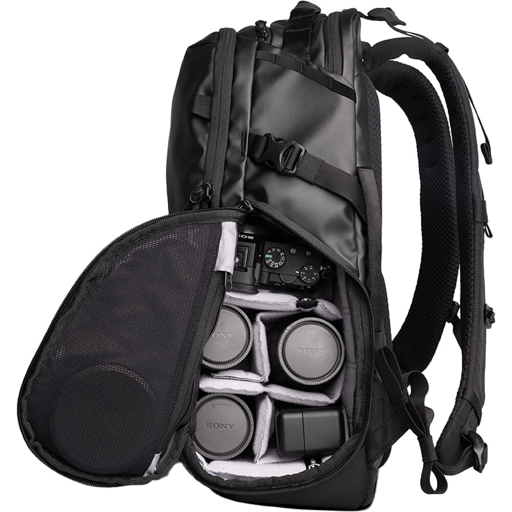 Wandrd Stratus Photo 18L video equipment bag with padded compartments and durable black exterior, designed for photographers.