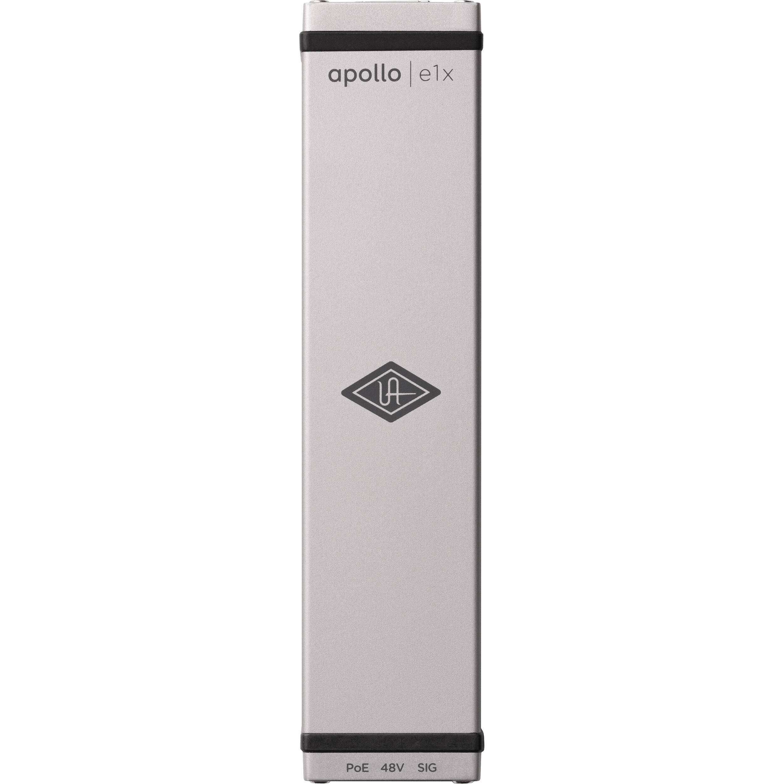 Universal Audio Apollo e1x microphone preamps with sleek design and multiple input options displayed in image.