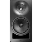Kali Audio SM-8 active nearfield monitors with black cabinets and front-facing controls, ideal for studio audio mixing.