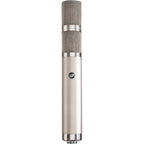 Warm Audio WA-CX24 condenser microphone shown with its sleek metal body and large diaphragm for studio recording.