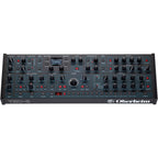 Oberheim TEO-5 desktop synthesizer with control knobs and colorful display, designed for music production and sound creation.