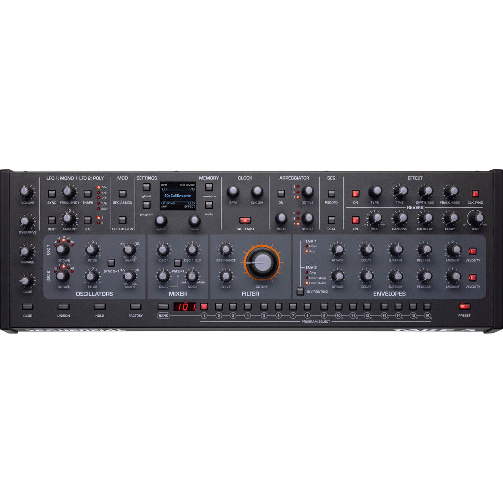Sequential Take 5 desktop synthesizer shown with control knobs, keyboard, and display screen on a sleek black surface.
