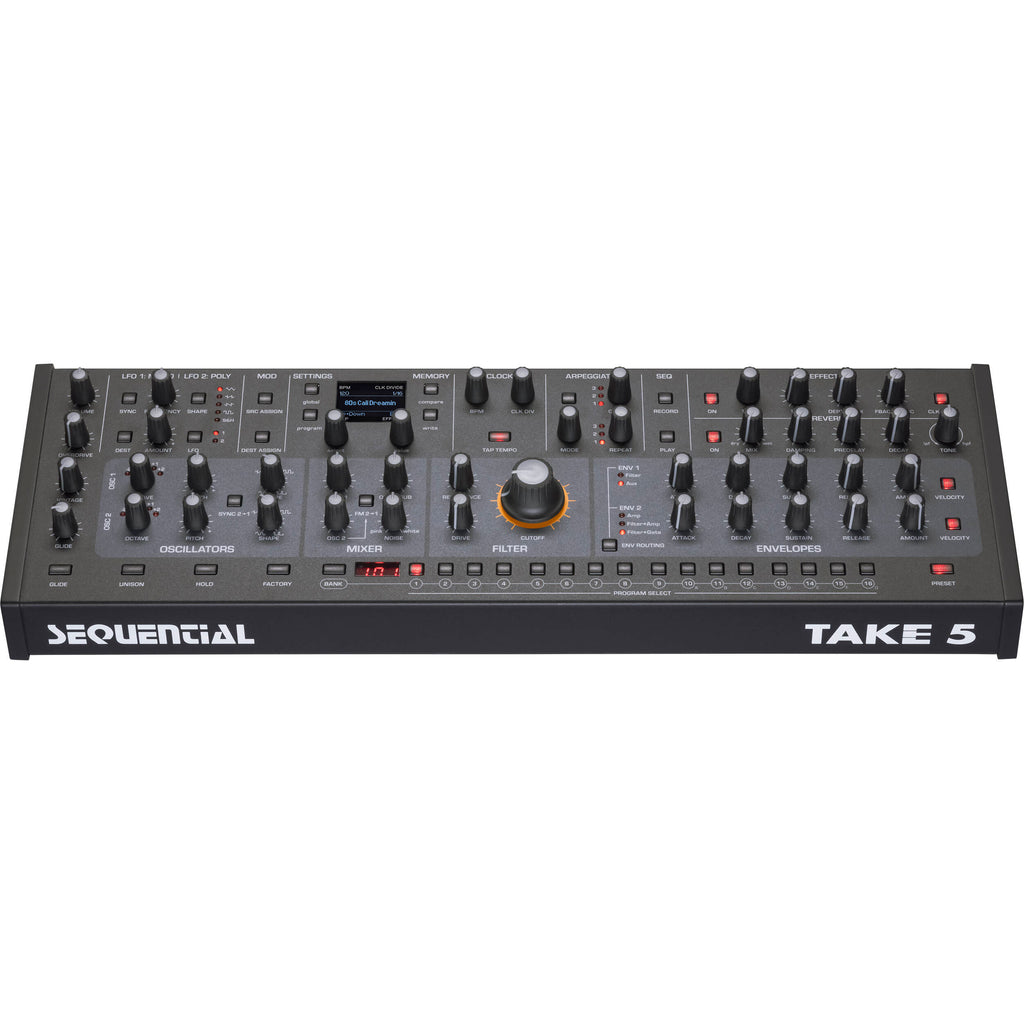 Sequential Take 5 desktop synthesizer with keyboard, knobs, and controls, showing its compact design and interface.