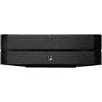 Bluesound Powernode 2025 music streamer with sleek black design and front display, connected to audio equipment.