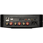 Bluesound Powernode 2025 music streamer with sleek black design and front touchscreen display, ready for high-quality audio streaming.