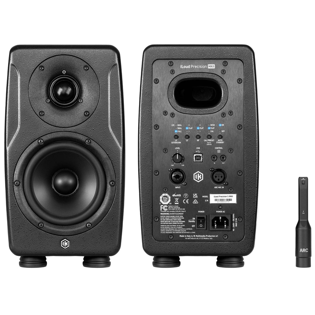 IK Multimedia iLoud Precision 5 MK2 active nearfield monitor speaker with black enclosure and control knobs visible.