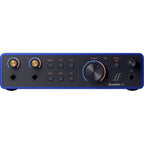 Focusrite Scarlett 2i2 4th Gen Anniversary Edition audio interface with compact design and colorful LED indicators.