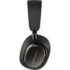 Bowers & Wilkins Px8 S2 wireless headphones with sleek black design and padded ear cups, shown from a side angle.