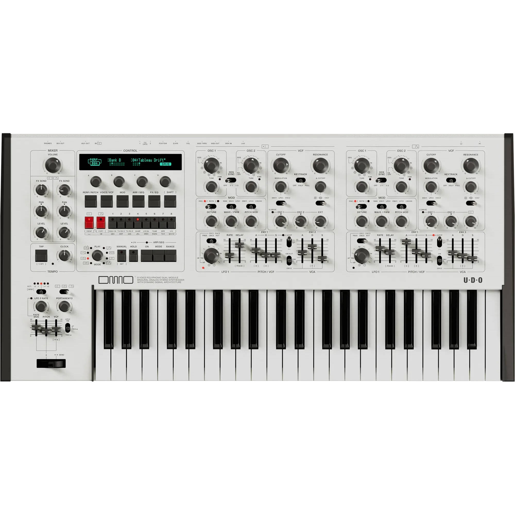 UDO Audio DMNO keyboard synthesizer with modern design, featuring multiple control knobs and a sleek black finish.