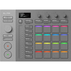 AlphaTheta SLAB MIDI controller with knobs, buttons, and pads for music production, featuring a sleek black design.