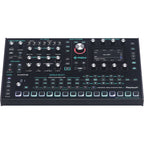 ASM Leviasynth desktop synthesizer with various knobs and controls, compact black design, and modern electronic music equipment.