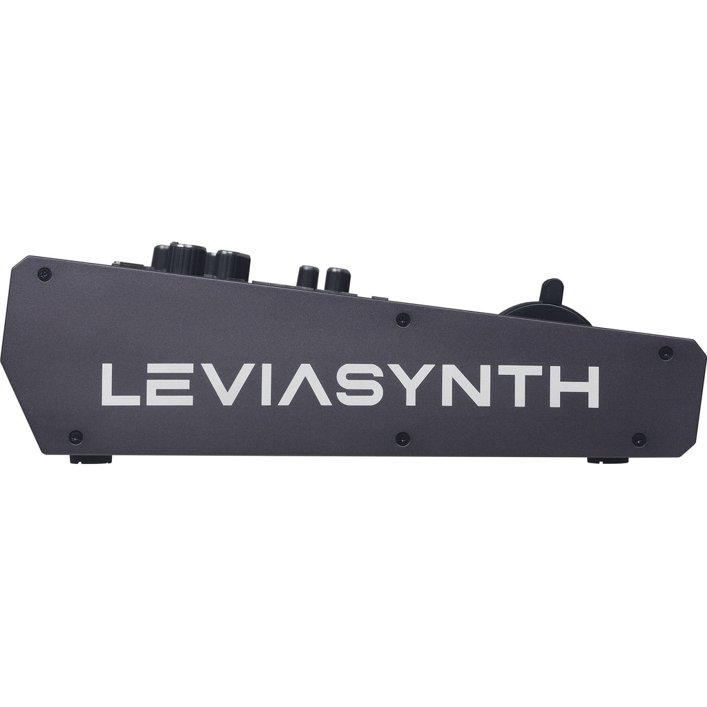 ASM Leviasynth keyboard synthesizer with black and gray keys, featuring control knobs and a sleek design.