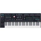 ASM Leviasynth keyboard synthesizer with black keys and control knobs, showcasing its compact music production design.