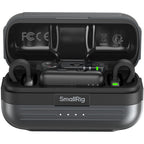SmallRig S70 wireless microphone system with two transmitters, two receivers, and charging case for professional audio recording.