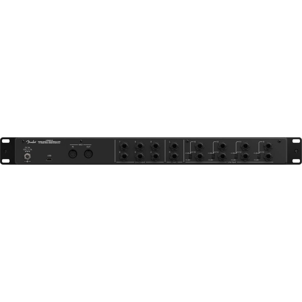 Fender Quantum LT 16 USB audio interface with multiple input and output ports, compact design, and professional audio controls.