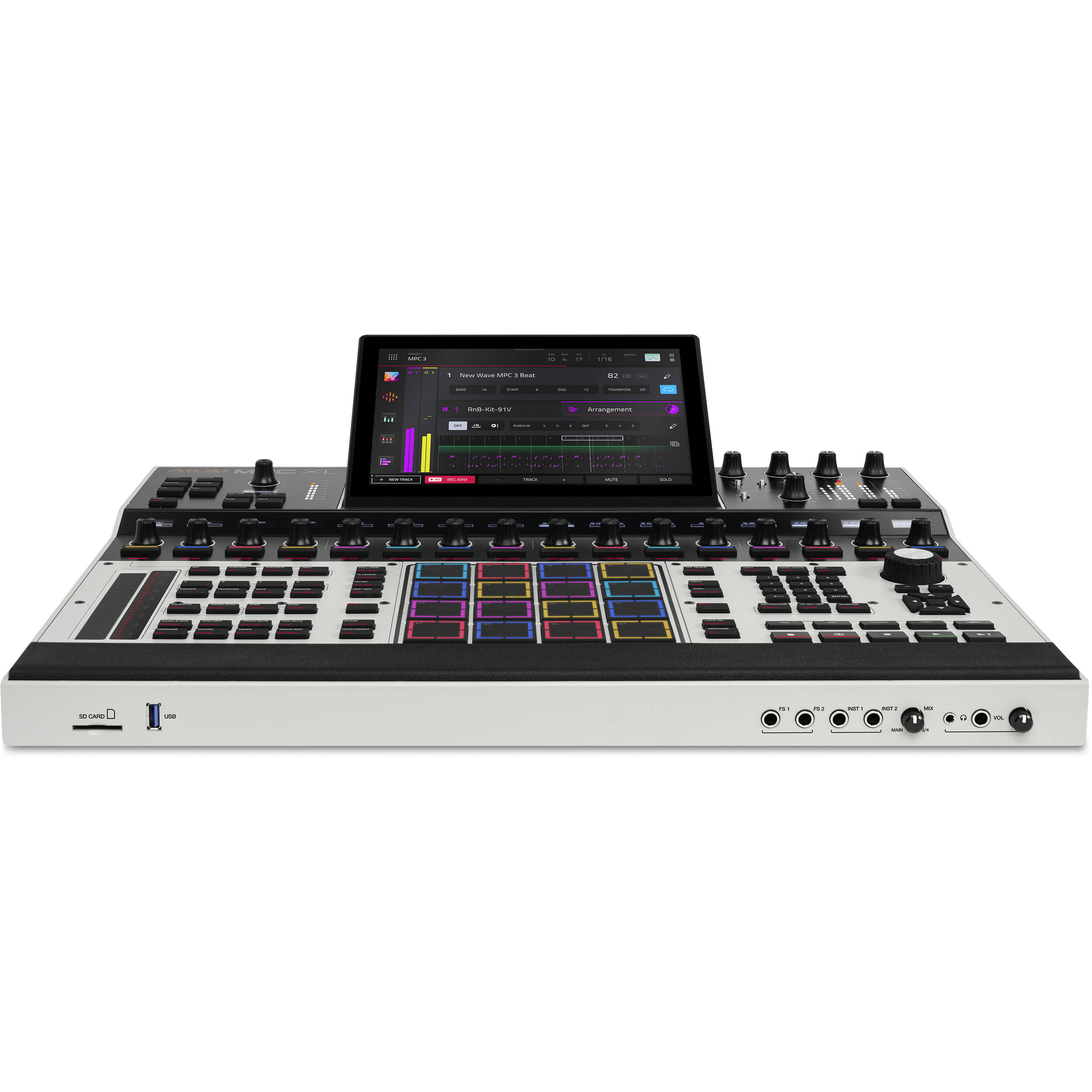 Akai Professional MPC XL drum machine and sampler with large grid, colorful pads, and professional audio controls.