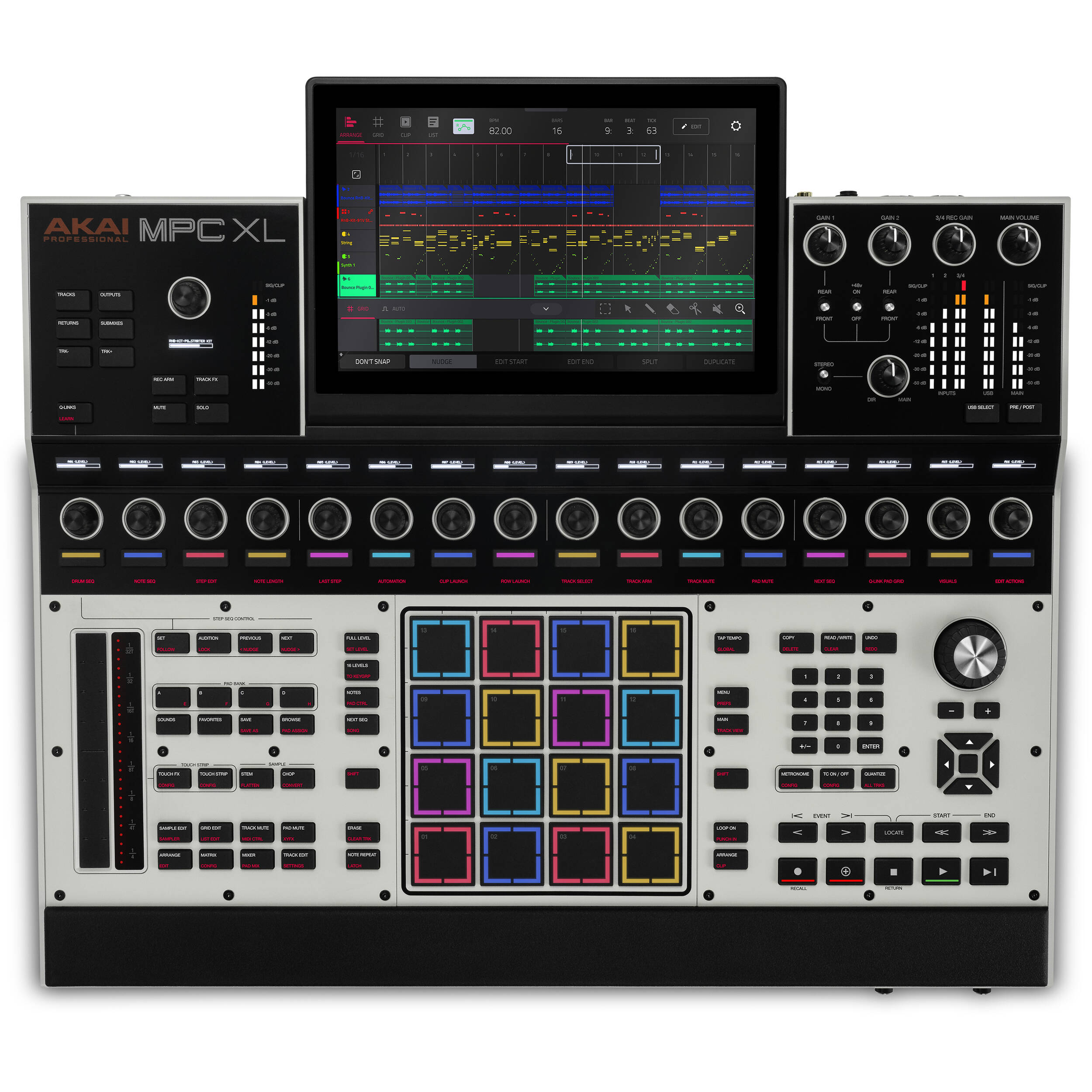 Akai Professional MPC XL drum machine and sampler with multiple pads and control knobs, used for music production.
