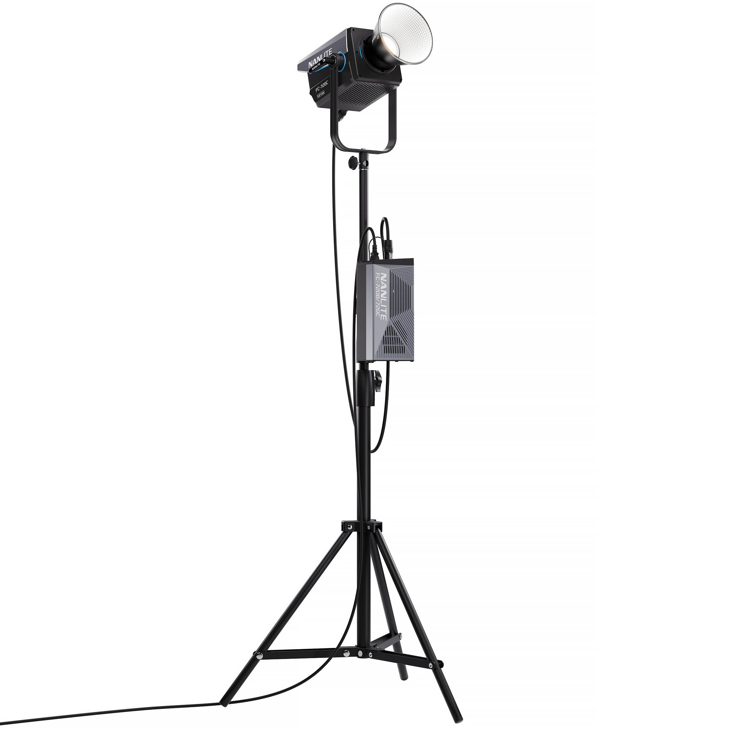 Nanlite FC-720C RGBW color LED spotlight showing adjustable RGB color options and bright LED panel for professional lighting.