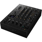 AlphaTheta DJM-V5 DJ mixer with multiple channels, knobs, and sliders for professional audio mixing setup.