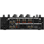 AlphaTheta DJM-V5 DJ mixer with multiple controls and colorful LED displays, designed for professional DJ setups.