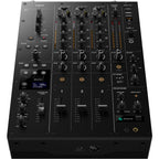 AlphaTheta DJM-V5 DJ mixer with multiple control knobs and audio jacks, featuring a sleek black design and professional layout.