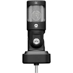 Shure MV88 iOS & Android microphone connected to a smartphone, capturing high-quality audio with compact design.