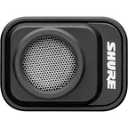 Shure MV88 iOS and Android microphone connected to a smartphone, compact portable audio recording device.