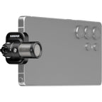 Shure MV88 portable microphone for iOS and Android devices, shown with adjustable settings and compact design.
