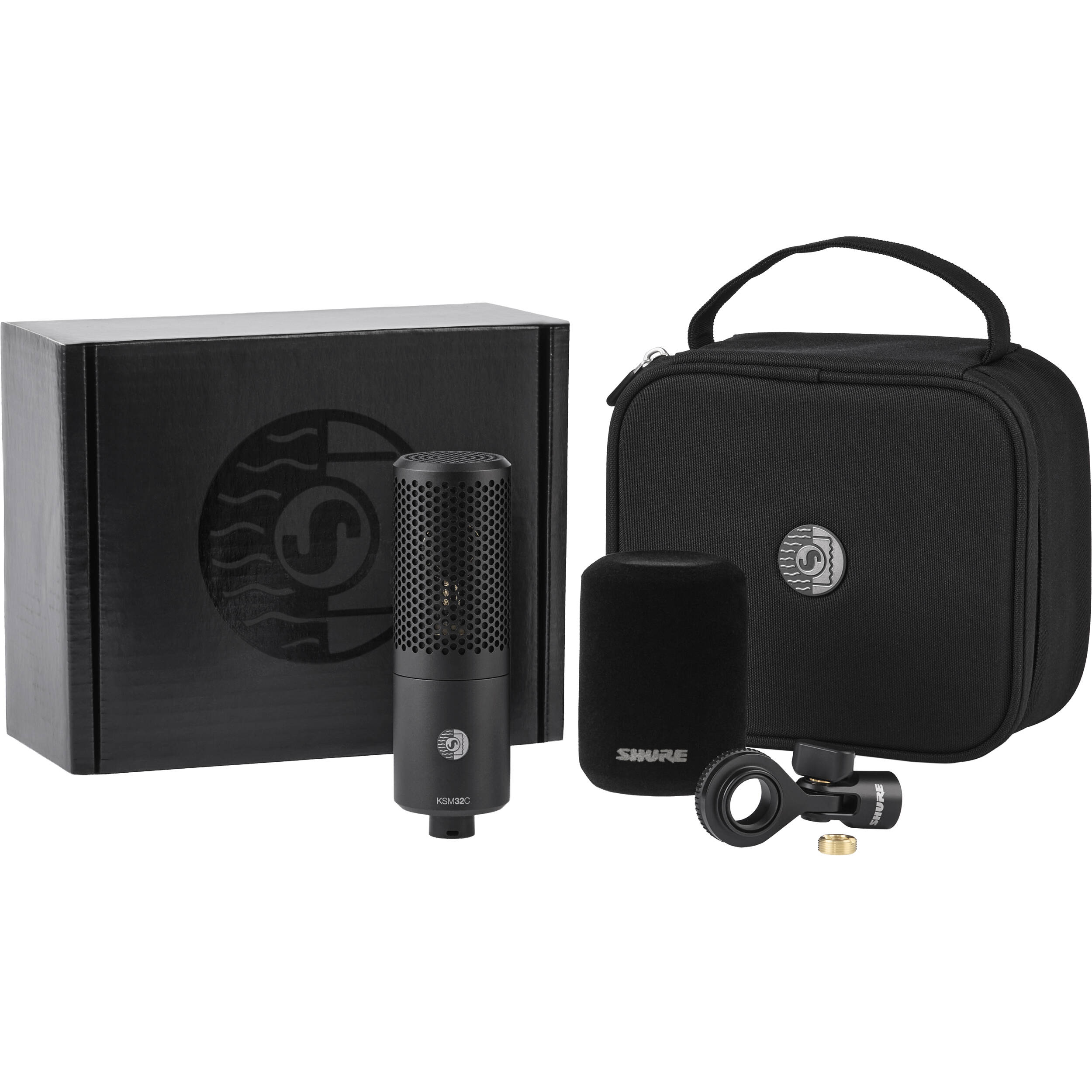 Shure KSM32C/HM condenser microphone stage kit with microphone and accessories for professional audio recording and live performances.