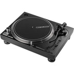 Reloop RP-5000 MK4 DJ turntable with black platter and tonearm, showcasing professional audio equipment for DJing and mixing.