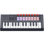 Novation FLkey 2 Mini 25 MIDI keyboard with 25 keys and control knobs, compact music controller for music production.