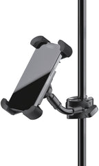 K&M 19755 smartphone holder attached to microphone stand, adjustable clip for securing smartphones during multimedia recording.