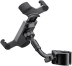 K&M 19755 smartphone holder attached to a microphone stand, adjustable clamp for multimedia and audio recording setups.