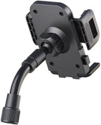 K&M 19762 smartphone holder attached to a microphone multimedia stand, showing adjustable grip for secure smartphone placement.