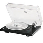 Pro-Ject Debut Reference 10 manual turntable with sleek black finish and tonearm, showcasing high-quality audio equipment design.