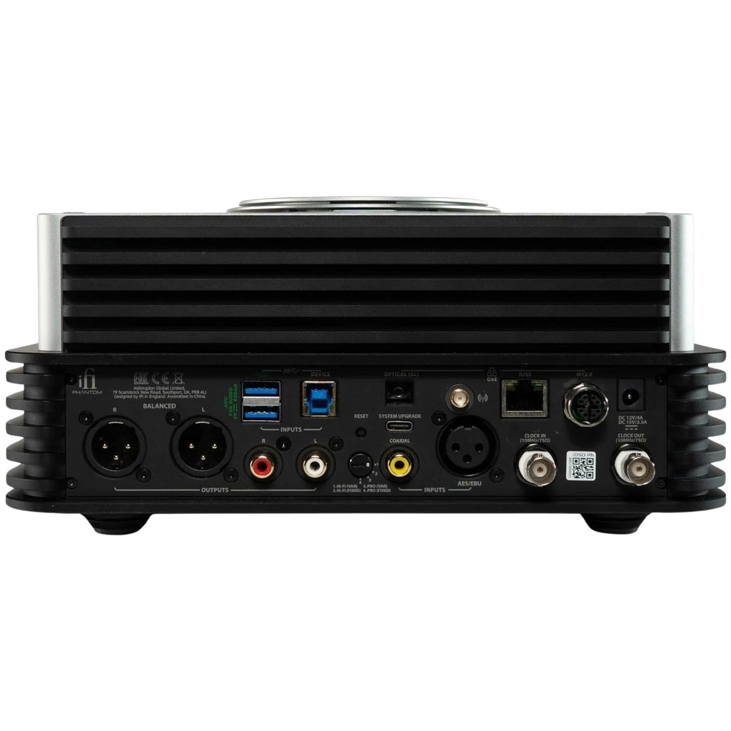 iFi Audio iDSD Phantom headphone amplifier and DAC with sleek black design and multiple input/output ports visible.