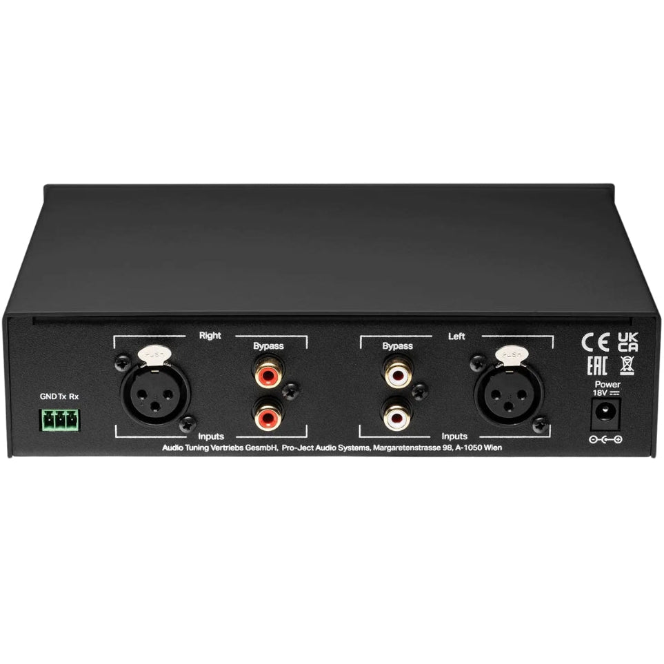 Pro-Ject Head Box S3 B headphone amplifier and DAC with sleek black design and front input and control knobs.