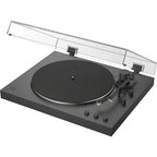 Sony PS-LX3BT turntable with black finish, featuring a sleek design and built-in Bluetooth for wireless audio streaming.