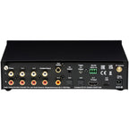 Pro-Ject Pre Box S3 stereo amplifier with control knobs and input ports, showcasing a sleek black design.